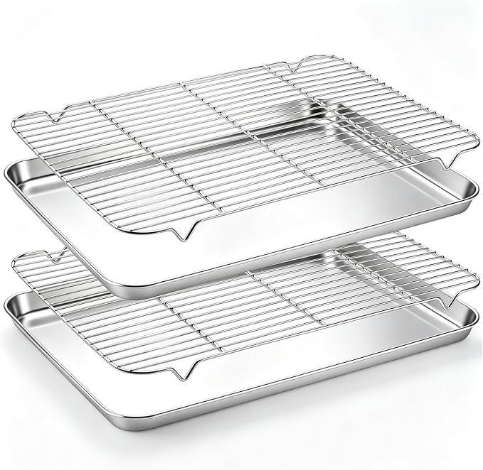 Onader Half Baking Sheet Pan with Rack Set, 18x13 Inch Stainless Steel Cookie Sheet with Cooling Rack, Nonstick Baking Pan for Oven, Nonstick & Rust Proof, 2 Pans + 2 Racks