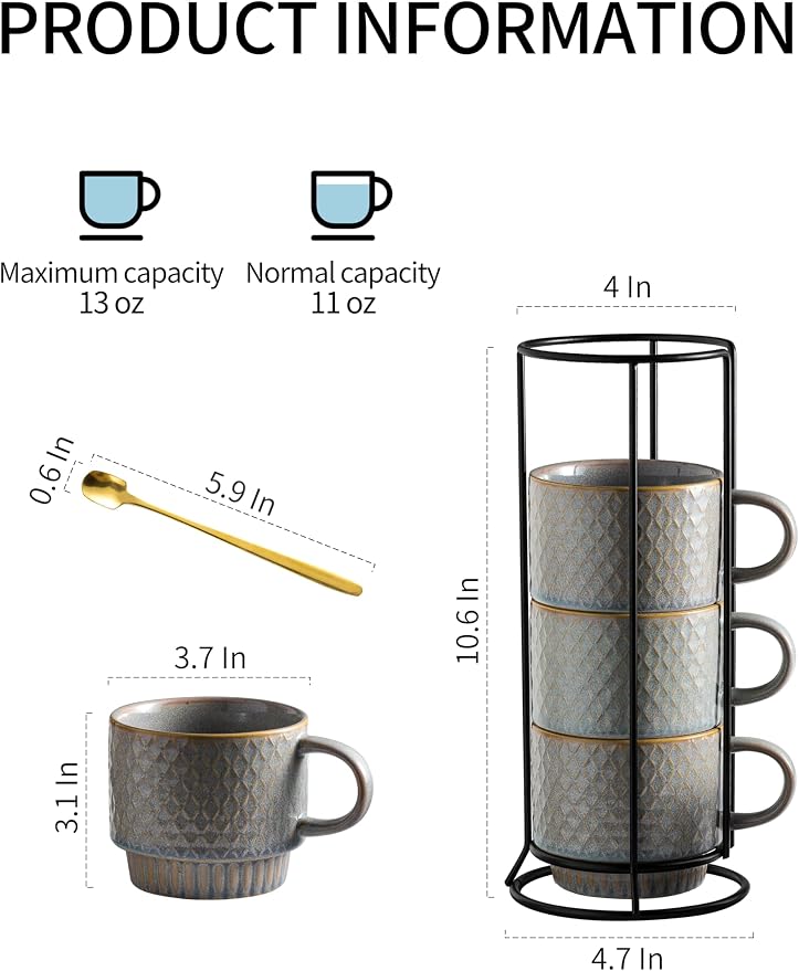 Gomakren Coffee Mugs Set of 4, 13 Ounce Stackable Coffee Mugs with Stand, Father's Day Ceramic Coffee Cups with Spoon for Coffee, Espresso, Cappuccino, Latte, Cocoa, Tea and Milk, Light Gray