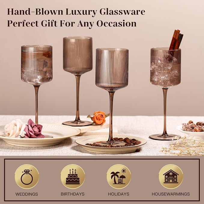 Smokey Gray Square Wine Glasses Set of 6, Elegant Ribbed Design Colored Crystal Glassware with Long Stem, 11.5oz Hand Blown Stemware For Red & White Wine Home Bar Party