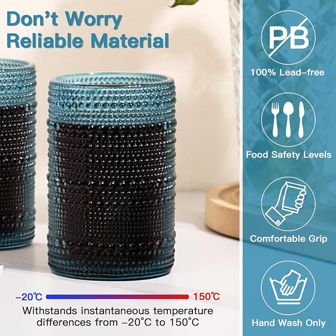 JOVGANK Blue Vintage Hobnail Drinking Glasses Set of 6, Water Tumbler 15oz, Kitchen & Bar Beaded Highball Glasses, Beverage Glass Cups for Water, Beer, Juice, Gift for Housewarming and Mother's Day