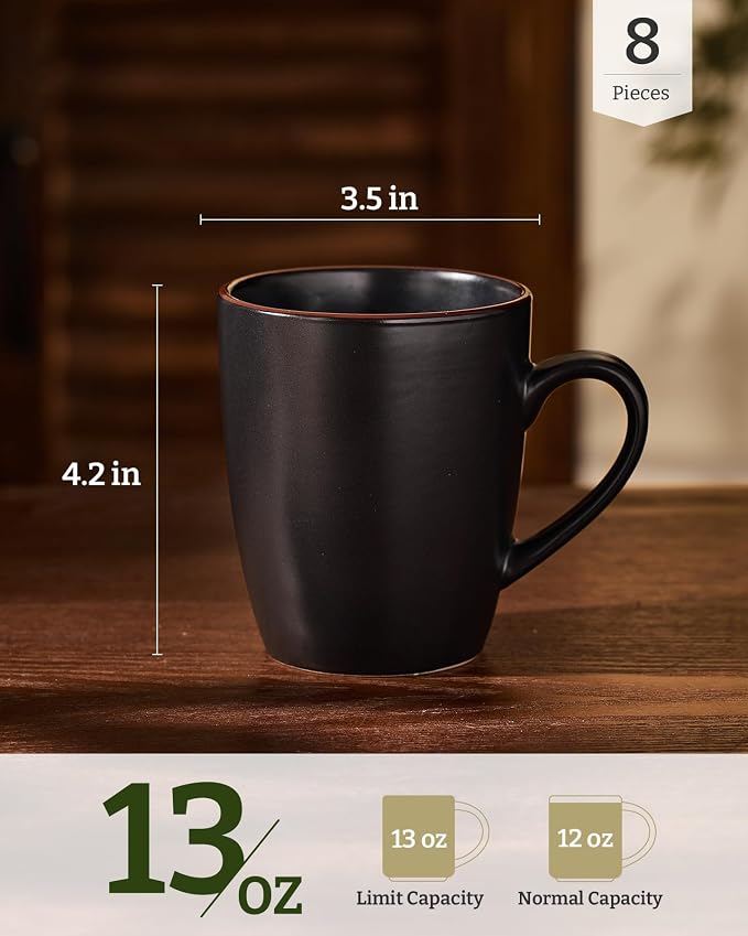 famiware Venus Coffee Mugs for 8, 13 oz Mug Set, Dringking Cup with Handle for Coffee, Tea, Cocoa, Milk, Matte Black