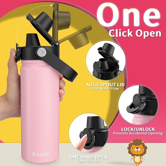 baab 20oz Kids Water Bottle, Insulated Kids Water Bottle with Lockable Spout Lid & Stickers, 18/8 Stainless Steel Vacuum Leakproof Kid Water Cup for Boy Girl & School (Pink+Mint Green, 2 Pack)