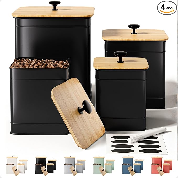 Kitchen Canisters for Countertop Set of 4 w/ Chalkboard Labels & Marker Pen | Airtight Easy Open Bamboo Lids, Dent-Resistant Thick Metal, Customizable Chalkboard Labels, Marker Pen Included, Set of 4