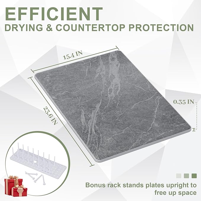 Large Stone Drying Mat for Kitchen Counter, 24" × 16" Diatomite Dish Drying Mat, Ultra Absorbent Diatomaceous Earth Dry Stone Mats with Dish Rack for Dished, Bottles, Black Marble