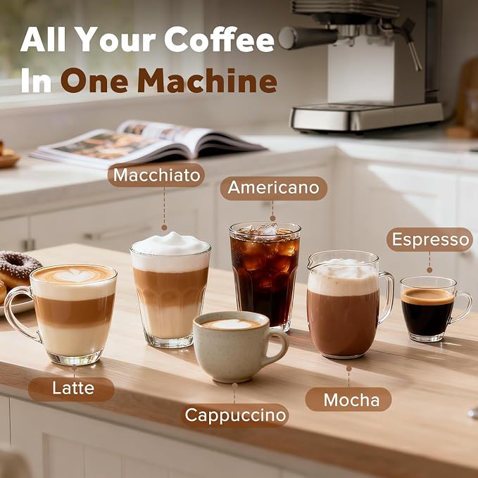Kndko 20 Bar Espresso Machine, Espresso Maker with Milk Frother Steam Wand, Removable 45oz Water Tank, Compact Latte & Cappuccino Maker for Home & Office, Stainless Steel Color