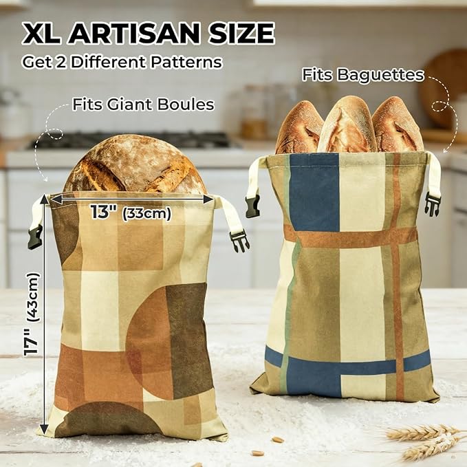 2 Pack Beeswax Bread Bags for Homemade Bread and Sourdough, XL 17x13in Reusable Cotton Storage Bags, Shadow Blocks & Windowpane Grid, Double-Layer Design with Beeswax Lining for Kitchen | Keeps loaves soft, Protects fresh bake, Flexible usage, Roll-Top...