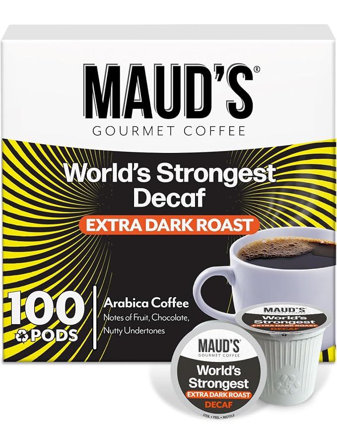 Maud's World's Strongest Decaf Coffee Pods, 100 ct, Decaffeinated Dark Roast Coffee in Single Serve Pods – 100% Arabica Coffee, Compatible with Keurig K Cups Maker