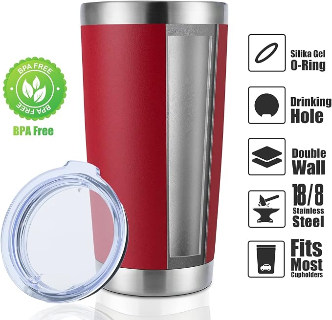DOMICARE 20oz Stainless Steel Tumbler Bulk with Lid, Double Wall Vacuum Insulated Travel Mug, Powder Coated Coffee Cup, Powder Red, 4 Pack
