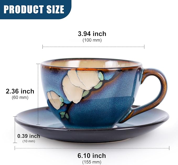 8 Oz Floral Porcelain Cappuccino Cups with Saucers Set of 4, Stoneware Tea Coffee Mugs for Home Kitchen & Office, Dishwasher Microwave Oven Safe, for Espresso, Latte, Americano, Milk & Tea, Dark Blue