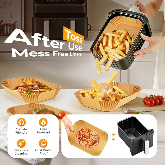 Air Fryer Liners Disposable for Dual Basket, 250Pcs 8x5.5 Inch Rectangular Parchment Paper for Ninja DZ201 DZ401, Chefman/COSORI 2-Basket Air Fryer, Oil Proof Baking Paper Sheets by Vailnd
