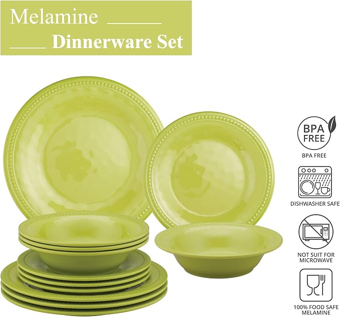 UPware 12 Piece Beaded Melamine Dinnerware Sets, Outdoor Dishes Set, Plates and Bowls Sets, Service for 4, Green