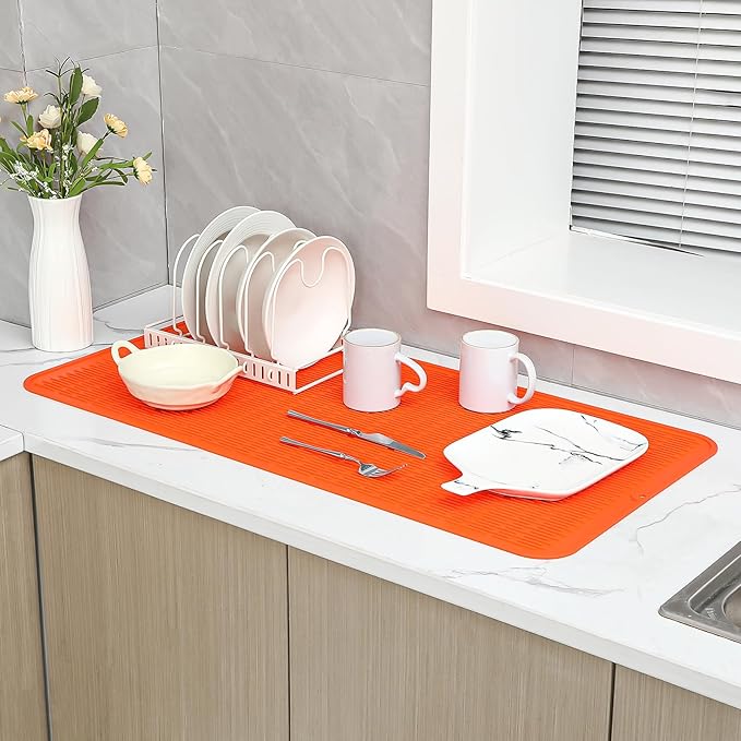 MicoYang Silicone Dish Drying Mat for Multiple Usage,Easy clean,Eco-friendly,Heat-resistant Silicone Mat for Kitchen Counter or Sink,Refrigerator or Drawer Liner Orange 5XL 36inches x 18inches