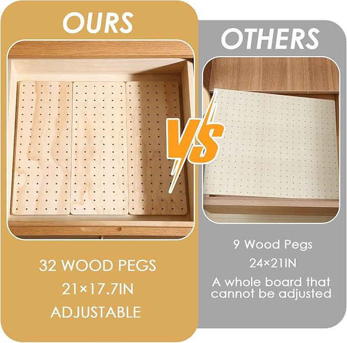 4 Pcs Pegboard Drawer Organizer with 48 Pegs, 20.98x5.91 Inch Wooden Peg Board Kitchen Plate Organizer for Drawer Pegboard Storage Rack with Adjustable Peg for Tableware, Plate, Bowl, Cookware