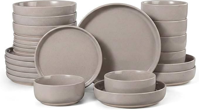 HaWare 24-Piece Plates and Bowls Set for 6, Stoneware Dinnerware Sets with Pasta Bowl, Dishes Set for Home Restaurant, Speckled Cream Coffee