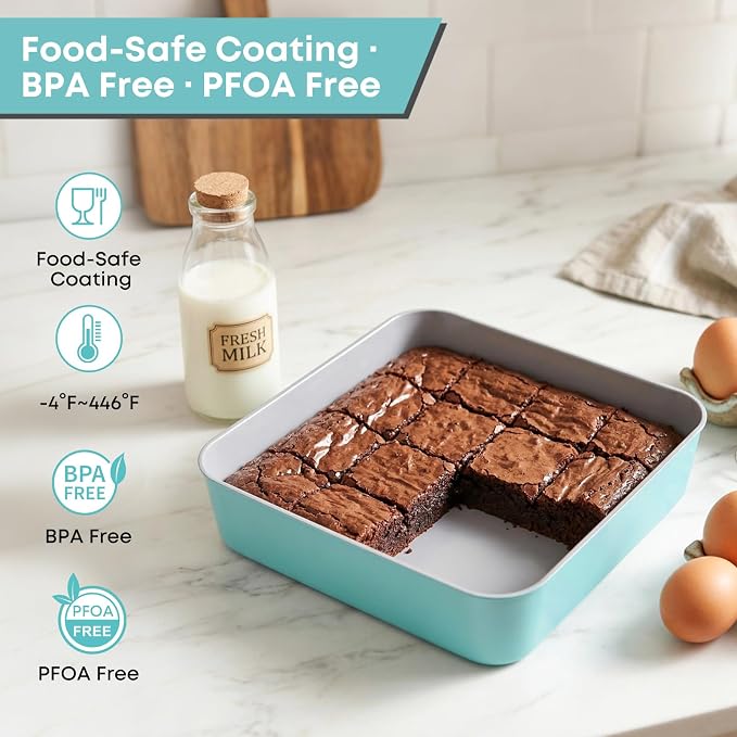 9 Inch Square Cake Pan with Snap-Lock Lid, Nonstick Carbon Steel Brownie Pan with Foldable Handle, PTFE & PFOA Free, for Brownies Bars Casseroles