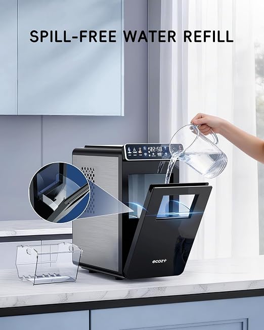 ecozy Ice Makers Countertop, Ultra Slim Design with Full-Color Panel, Internal Lights, 26 lbs/24H, Timer Ice Making, Two Ice Sizes, Portable Self-Cleaning Ice Machine for Home/Kitchen/RV