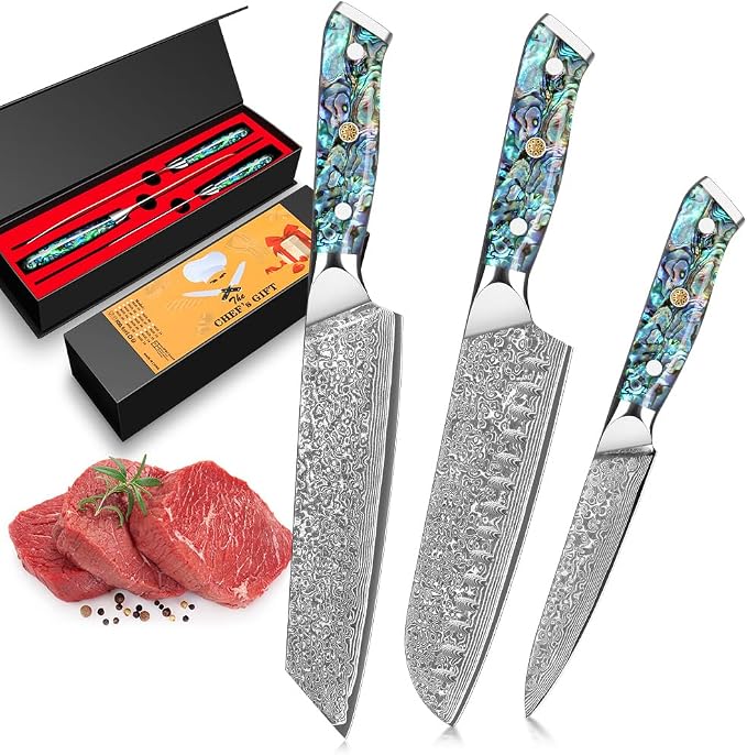 KEENZO 3PCS Kitchen Knife Set, Professional Kitchen Knives with 8"Chef, 8"Kiritsuke knife, 5"Utility Knife, Japanese Hand Forged 67 Layers Damascus Steel Cooking Knife, Ergonomic Abalone Shell Handle