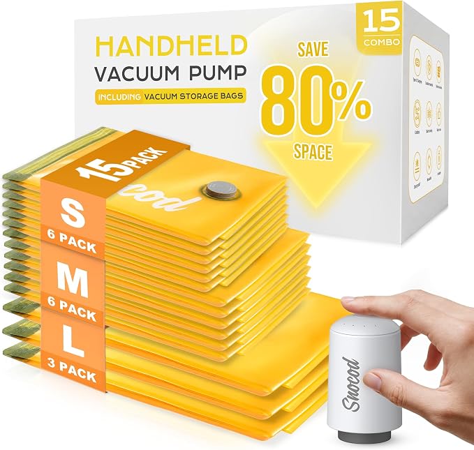 Vacuum Storage Bags with Electric Pump, 15 Reusable Compression Bags for Clothes, Bedding and Travel, Space Saving Storage Bags for Closet and Home Organization, White