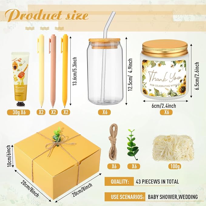 Reallnaive 6 Sets Baby Shower Prizes for Game Winners, Baby Shower Favors Including Glass Cup Scented Candles Hand Cream Pens Gift Box with Raffia for Gender Reveal Wedding Bridal Party Prizes(Yellow)
