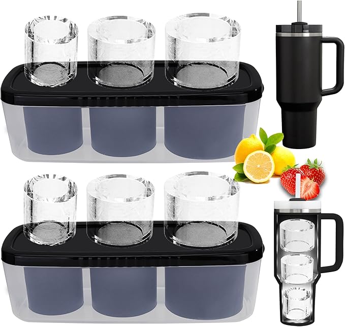 2pc Tumbler Ice Tray for Stanley/Yeti/Simple Modern etc. 30-40oz Tumblers, Silicone Ice Cube Tray for Tumblers with Bin and Lid, Black