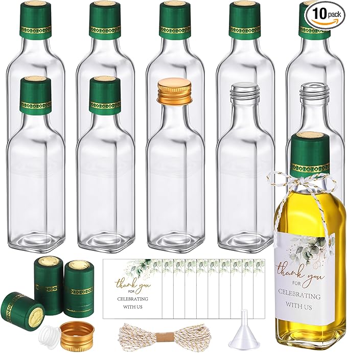 Reallnaive 10 Pack 3 oz Mini Glass Olive Oil Bottles Set, Homemade Wedding Sauce Gift Bottles Leakproof Screw Cap, Thank You Wedding Stickers for Storing Oil Honey Bridal Baby Shower Favors (Green)