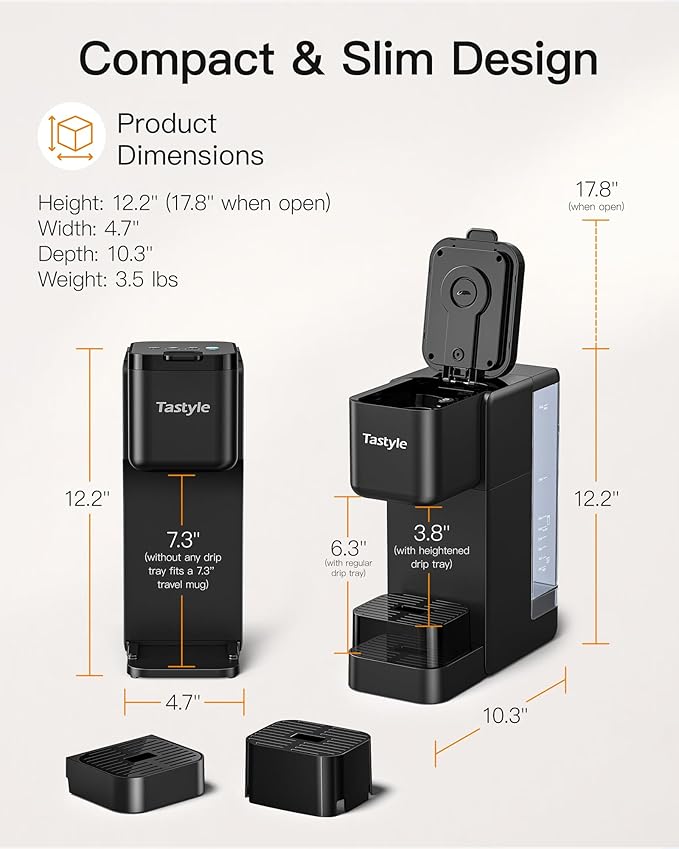 Tastyle Single Serve Hot & Iced Coffee Maker with Strong Brew, 40oz Removable Reservoir, 6 Brew Sizes, Compatible with K Cup and Grounds, Compact for Home, Office, RV and Dorm, Black (2.0 Version)