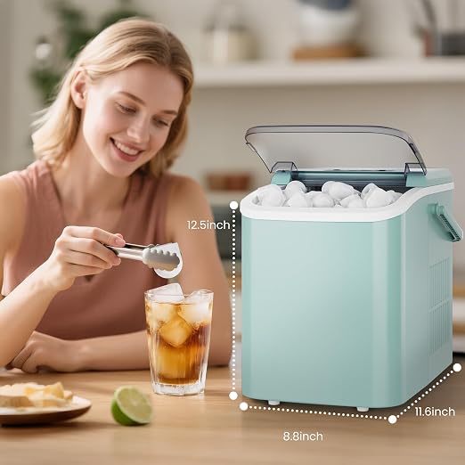 DUMOS Countertop Ice Maker with Handle, 26lbs/24H, Makes 9 Bullet Cubes in 6 Mins, Auto-Cleaning, Portable Ice Machine for Home Kitchen RV Camping, Green