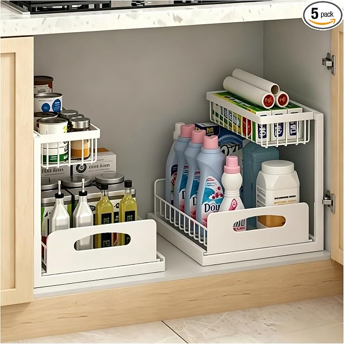 2 Pack Upgraded Under Sink Organizer, 2 Tier Pull out Kitchen Cabinet Organizer Metal Slide out Bathroom Organizers and Storage Makeup Drawer Organizer for Office Bedroom Restroom Living Room, L-White
