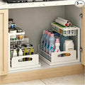 2 Pack Upgraded Under Sink Organizer, 2 Tier Pull out Kitchen Cabinet Organizer Metal Slide out Bathroom Organizers and Storage Makeup Drawer Organizer for Office Bedroom Restroom Living Room, L-White