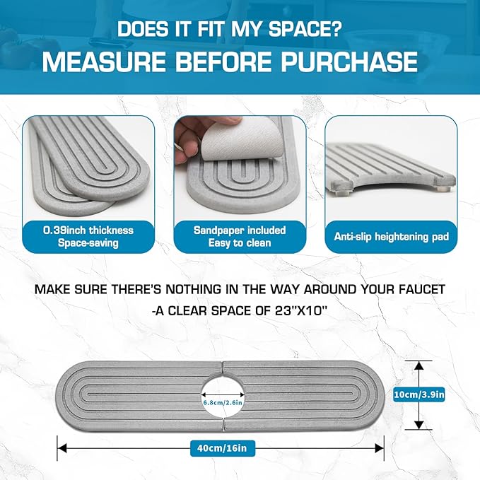 Diatomite Stone Faucet Mat For Kitchen Sink-Absorbent Fast Drying Stone Sink Tray,Faucet Splash Guard Counter,Quick Dry Sink Mat Around Faucet For Kitchen & Bathroom (Light Gray-Oval,15.7" x 4")