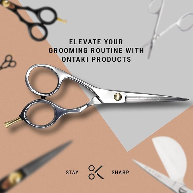 Ontaki Beard & Mustache Scissors For Men - 5.5" 420C Japanese Steel, Silver, Right Hand - Engineered Sharpness for Barber Shears - Comfort Grip for Grooming Scissors - Includes Beard Comb
