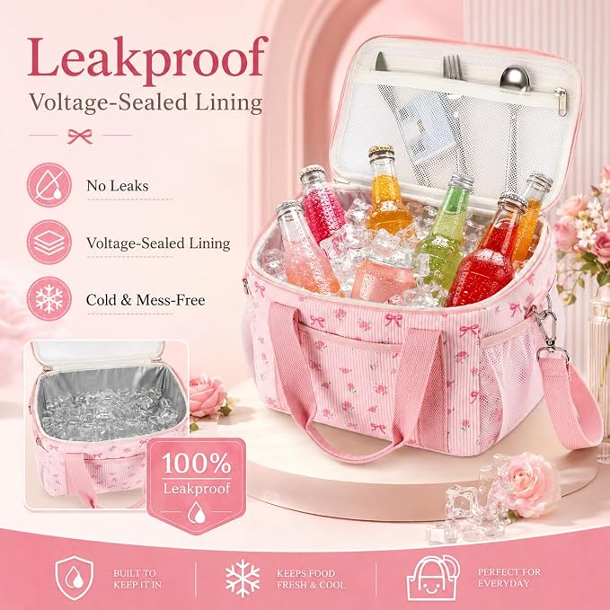 BTOOP Insulated Lunch Box for Women, Cute Corduroy Lunch Bag with Shoulder Strap, Leakproof Wide-Open Lunch Tote for Work, Office, School, Picnic Bow-Floral Pink-1