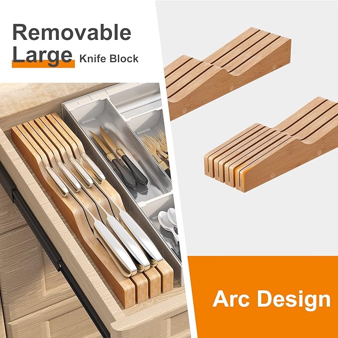 In-Drawer Knife Block Organizer - Bamboo Wood Drawer Knife Organizer-Protecting Knife Organizer Block (Not Included) (Natural, 7 Knives Dock)