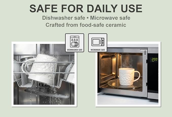 25DOL 16 oz Ceramic Coffee Mugs Set of 4 – Embossed Nature-Inspired Design, Comfortable Grip Handle – Large Latte & Tea Cups, Modern Farmhouse Style – Microwave & Dishwasher Safe