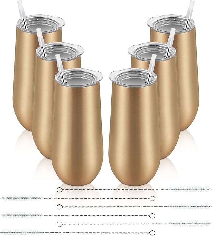 Lifecapido 6 Pack Stemless Champagne Tumblers, 12oz Insulated Champagne Flutes with Lid, Stainless Steel Stemless Champagne Glass, Champagne Flute Tumbler for Birthday Party Wedding Christmas (Gold)