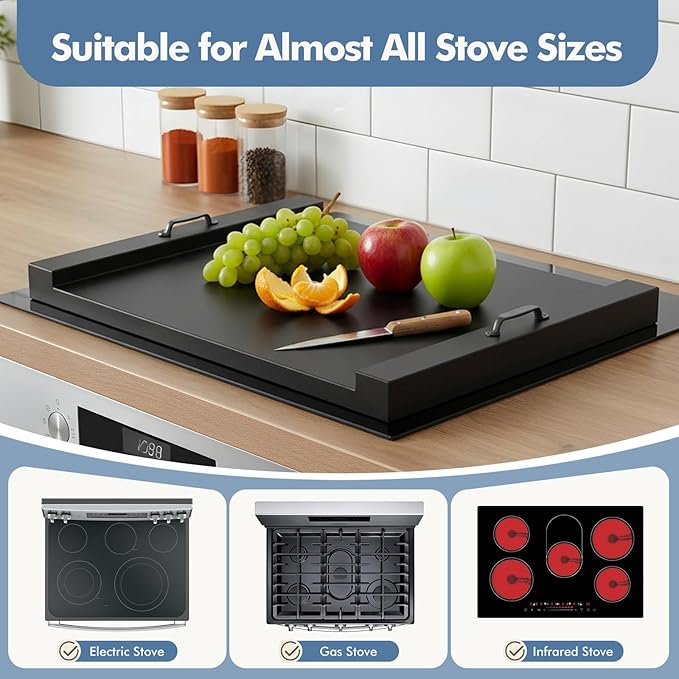DUMOS Noodle Board Stove Cover with Handles, Wooden Stove Top Cover for Gas Electric Glass Stove, 22 x 29.5 inch(Black)