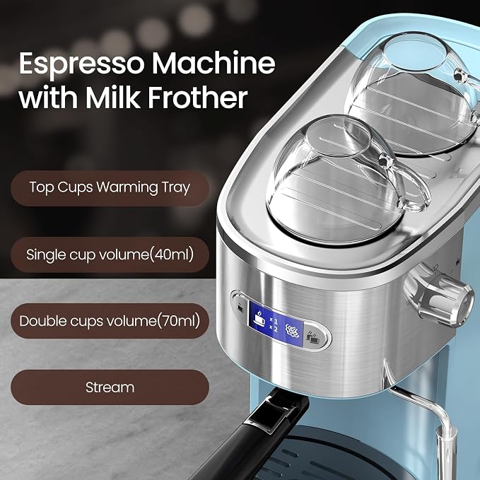 Electactic 20 Bar Espresso Machine, Professional Stainless Steel Coffee Maker with LCD Display, 45oz Removable Water Tank, Home & Office Espresso Maker for Cappuccino Latte Macchiato, Blue