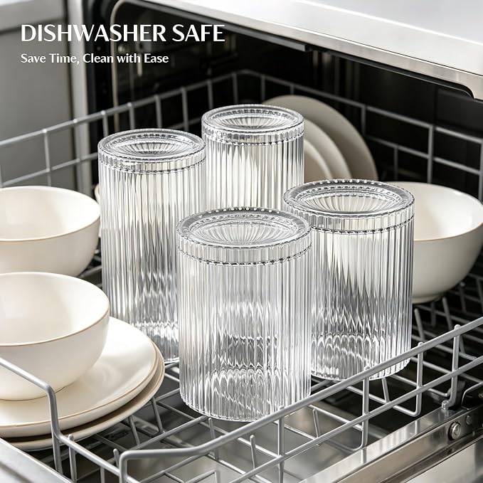 INSETLAN 12-Piece Ribbed Glassware - 6 Highball Glasses 12 oz, 6 Rocks Glass Cups 14 oz, Vintage Cocktail Drinking Glasses, Ideal for Wine, Juice, Water, Ice Coffee Cup, Whiskey, Mixed Drinkware