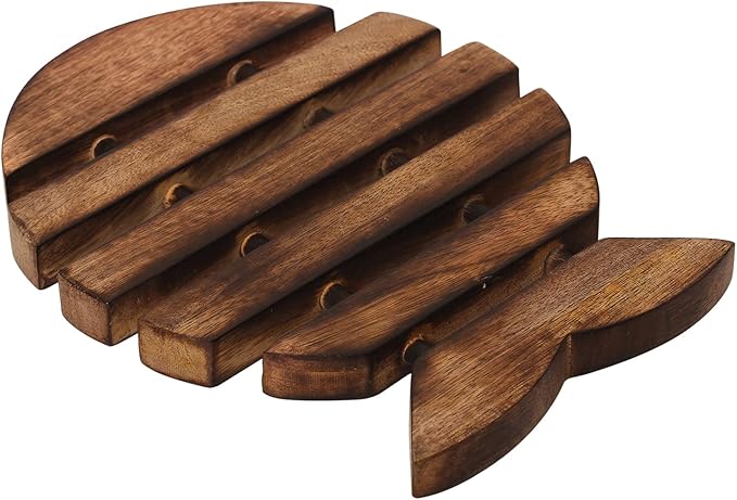 eTroves Wooden Trivet for Hot Dishes Pots and Pans Nonslip Wood Fish Shape Heat Resistant Tea Pot Holder | Farmhouse Kitchen Counter Top Decor, 10 Inch, Brown