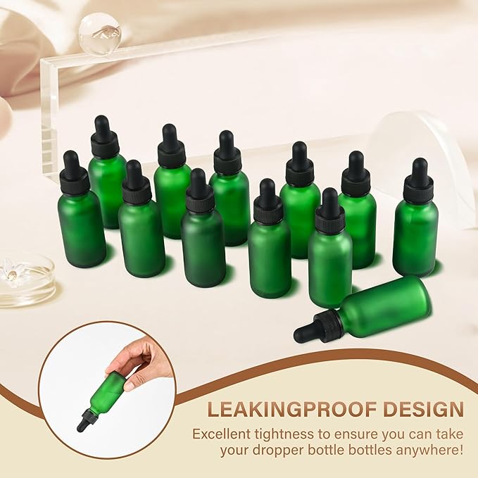 NOOEEISS 12 Pcs, 1oz Dropper Bottle, Green Glass Eye Dropper Bottle, Tincture Bottles with Dropper, Pretty Finish, Leak-Proof Design, Stronger Suction for All Kinds of Mixed Liquids
