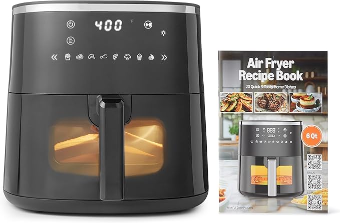 Amazon Basics 6-Quart Digital Air Fryer with Easy View Window, 8 Preset Menus, Digital Touch Panel, Ceramic Nonstick Coating, 140℉-400℉ Temperature Range, 1550W, Black
