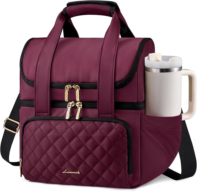 LOVEVOOK Insulated Lunch Bag For Women,Large Double Deck Adult Lunch Box,Teacher Lunch Tote Bag With Cup Holder,Leakproof Cooler Bag With Adjustable Shoulder Strap For Work Picnic Beach,Larger 15L