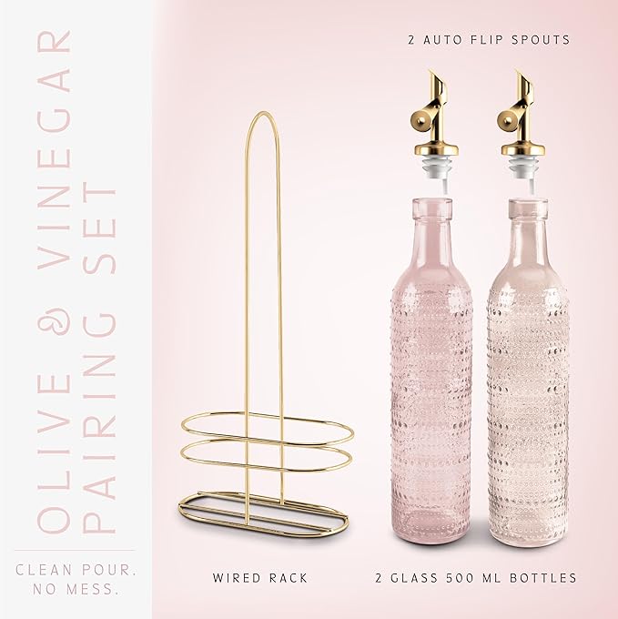 COOK WITH COLOR Glass Olive Oil Bottle Dispenser - 2 Pack- 17oz Oil and Vinegar Cruet - Olive Oil Carafe Decanter for Kitchen, Champagne Bubbles, Pink