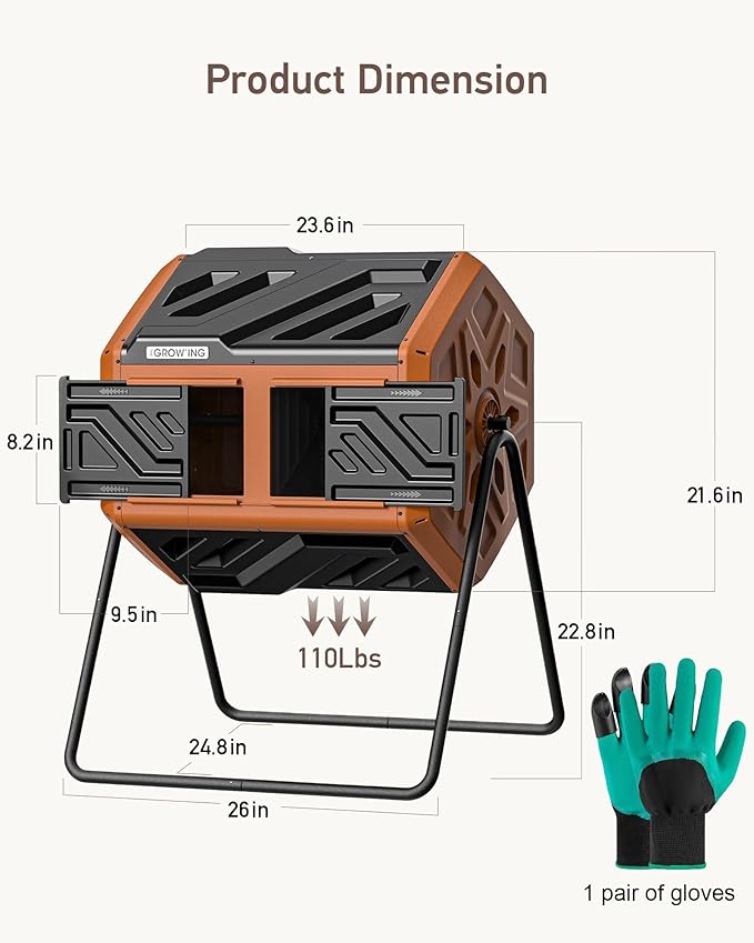 THEGROW'ING 43 Gallon Dual Chamber Compost Bin with Built-in Nuts & Thermometer, Outdoor Rotating Composter Tumbler for Garden Backyard, Orange
