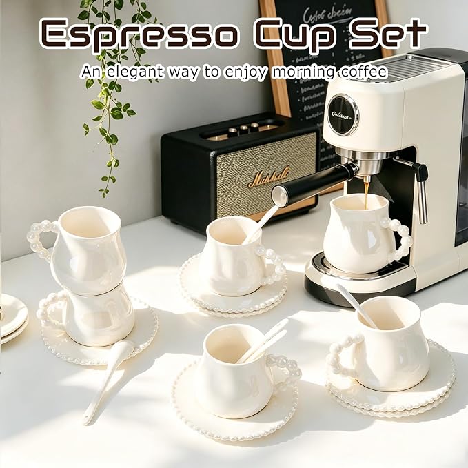 Cappuccino Cups Set of 4, 8oz Espresso Cups Set with Saucers and Spoons, Pearlescent Ceramic Coffee Tea Cups for Latte, Mocha, Au Lait, Dishwasher & Microwave Safe, Art Deco