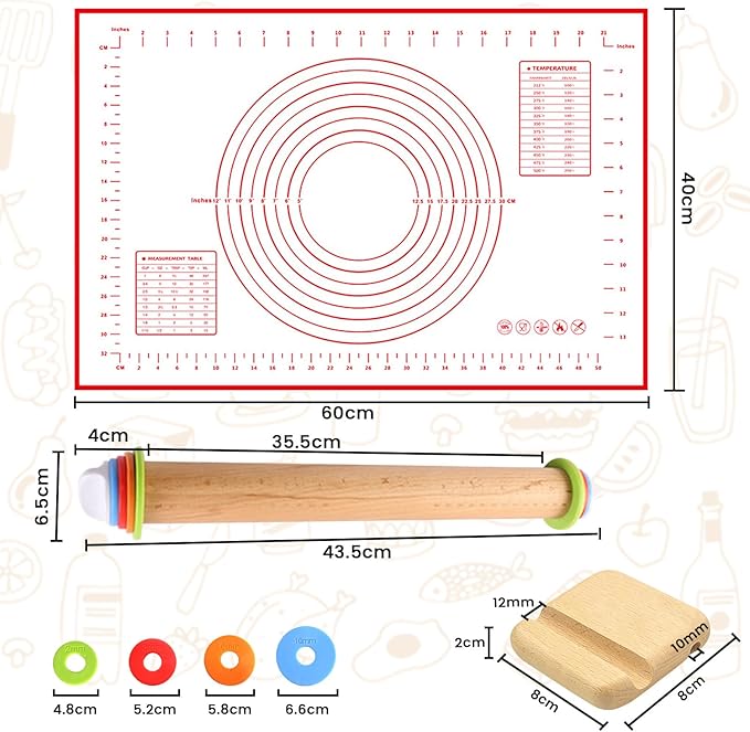 Adjustable Wooden Rolling Pin with 4 Thickness Rings (2/4/6/10mm), Pastry Baking Mat with Measurement Guide, Wooden Phone Stand, Baking Tools for Fondant, Pizza, Pie Crust & Cookies (Beech Wood)