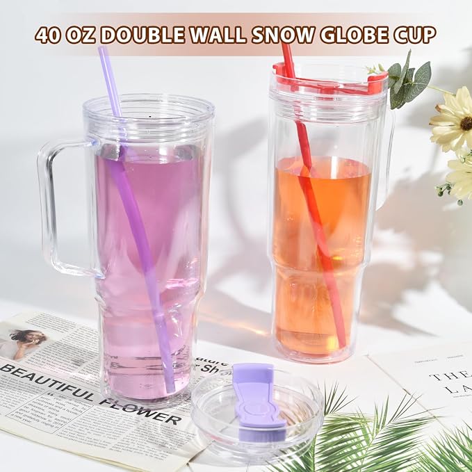 CHLJAR 40 Oz Plastic snow globe tumbler with Handle, 8 Pack Pre-Drilled Double Wall Acrylic Clear For Glitter Snow Globe Diy, Double Wall For Glitter Snow Globe, Snowglobe Tumbler Supplies