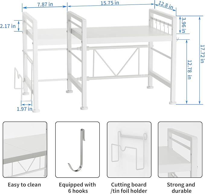 YIUKEA Extendable Microwave Oven Rack - Adjustable Kitchen counter shelf, 2 Tier Microwave Stand (L15.7~23.6" xW12.8 xH17.7) with 6 Hooks for Kitchen Countertop Organizer (White)