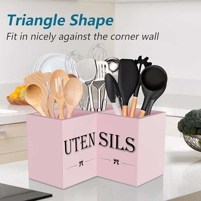 Suli Extra Large Cute Kitchen Utensil Holder with 3 Compartments,Corner Utensil Caddy for Countertop,Wooden Utensil Organizer for Kitchen Countertop, Farmhouse Decor- Pink