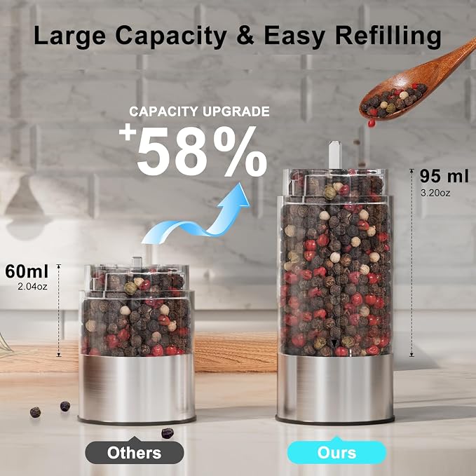 Electric Salt and Pepper Grinder Set, Rechargeable Automatic, Adjustable | USB-C rechargeable, one-hand automatic grinding, 6 coarseness levels, top-fill 3.2oz, storage base, stainless steel, LED